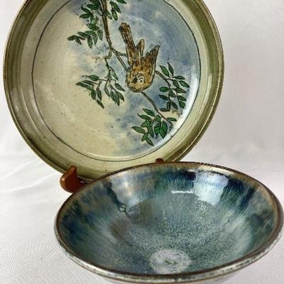 Original Signed Glazed Studio Pottery Plate with Bird and Bowl with Blue Glaze
