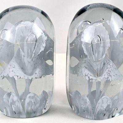 Pair of Vintage St. Clair Blown Art Glass Trumpet Flower Paperweight Bookends
