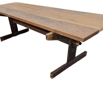 Hand Crafted Farmhouse Plank Trestle Table with Antique Legs and Support Bridge
