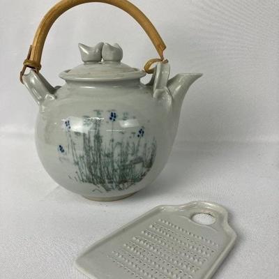 Porcelain Teapot with Love Birds and Petite Porcelain Grater- Signed
