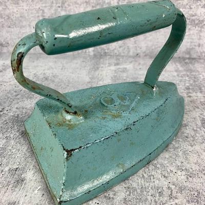 Antique Flat Sad Iron / Door Stop - Painted Pale Aqua
