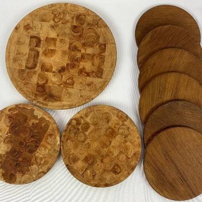 Handsome Vintage Wood Trivets (6) and Wood Plates (3)
