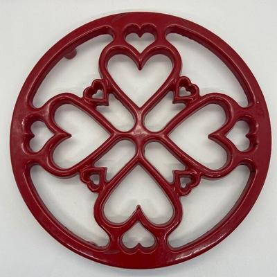 Vintage Red Cast Iron Enameled Three-Footed Round Trivet with Hearts - Made in France
