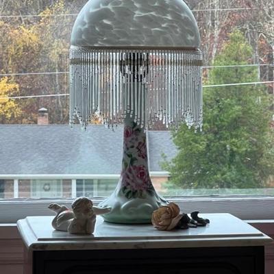 Porcelain lamp with beading and glass shade - gorgeous!