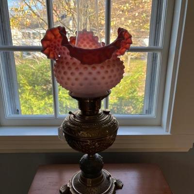 Fenton satin rose ruffled shade on converted Wallace  oil lamp