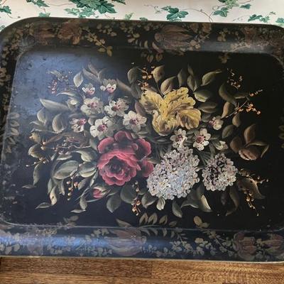 LARGE flowery toile tray with collapsible stand
