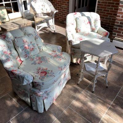 Upholstered comfy French chairs 
& Victorian hexagonal white table