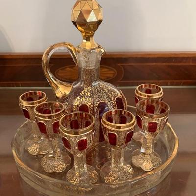 Moser Glass Antique Cordial Set includes ~decanter, tray and glasses