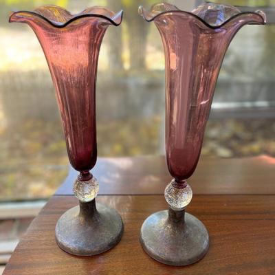 Pairpoint antique amethyst glass mantle vases plated bases