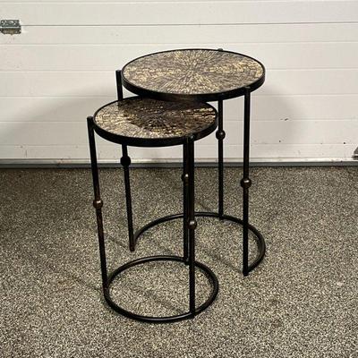 (2pc) PAIR MOSAIC TABLES  |
Gilt mosaic style nesting side tables, round tips on metal frames - h. 24 x dia. 16 in. (largest)
