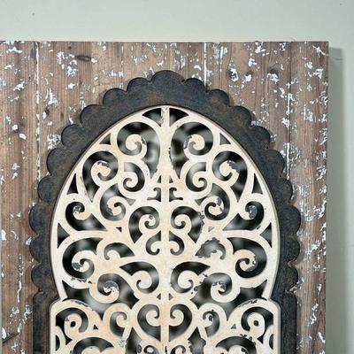 WINDOW WALL HANGING  |
Open work carved wood window wall hanging, distressed style - w. 28 x h. 42 in.