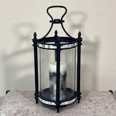 FRONTGATE CANDLE HOLDER  |
Large cast metal and glass candle lantern with mosaic stone rims - h. 22 x dia. 11 in.