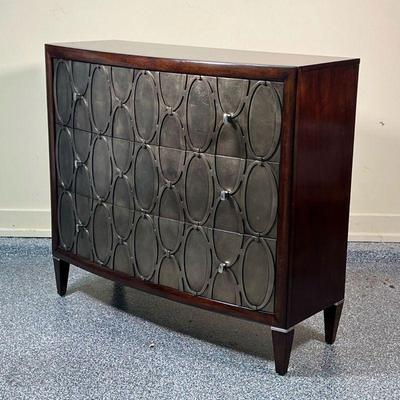 THOMASVILLE CONTEMPORARY DRESSER | Stylish chest of drawers, having a bow front with three full-width silver patterned drawers on a...