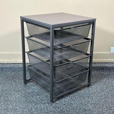 METAL DRAWER SIDE TABLE  |
A STORAGE side table with four wire mesh bins / drawers - l. 21 x w. 18.75 x h. 28 in.