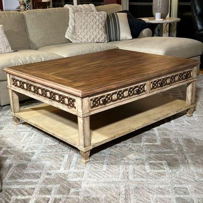 HOOKER FURNITURE COFFEE TABLE | Low table with drawers over a large open shelf - l. 49.5 x w. 39 x h. 19.5 in.