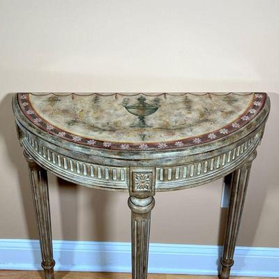 PAINTED DEMILUNE TABLE  |
Paint-decorated side table with fluted tapering legs - l. 30 x w. 12 x h. 32.25 in.
