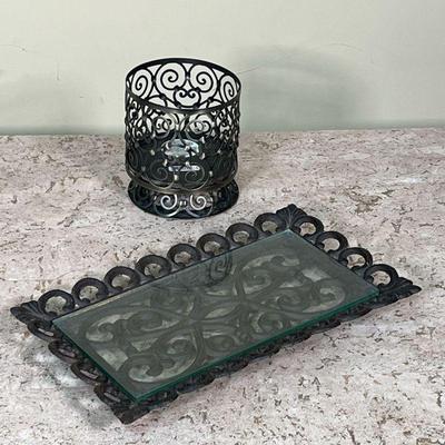 (2pc) CANDLE HOLDER & TRAY  |
Including a scrollwork candle holder and an iron scrollwork tray with a glass insert - l. 11.75 in. (tray)