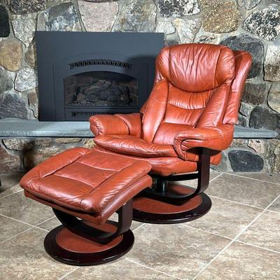 (2pc) LANE FURNITURE LEATHER RECLINER  |
Chestnut red leather armchair with matching ottoman, of similar design to the 