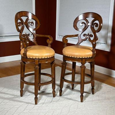 (5pc) SET BARSTOOLS  |
Very nice Frontgate bar stools with dark wood and contrasting edges, having scrolled backrests and armrests,...
