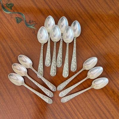 Sterling Silver flatwareâ€”antique Kirk and Sons â€œRepousseâ€, 12 place settings, European sized, 114 pieces, 154 troy oz, monograms on...