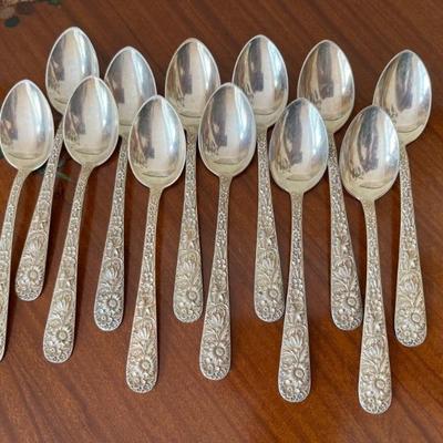 Sterling Silver flatware—antique Kirk and Sons “Repousse”, 12 place settings, European sized, 114 pieces, 154 troy oz, monograms on back,...