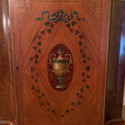 Adams style satinwood linen cabinet, late 19th century, painted with neoclassical urns and ivy, 64”h x 37”w 17”d
