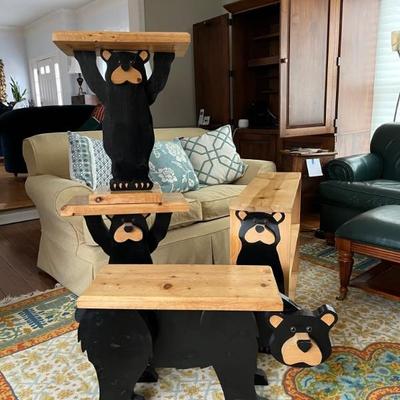 Set of handcrafted wooden furniture with bears, pair of night stands, end table, book shelfâ€”so cute for a kidâ€™s room