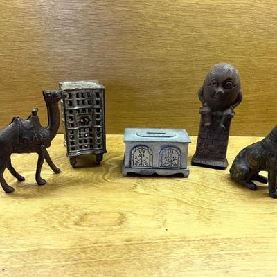 Vintage coin banks, tin, Chein, cast iron, and more