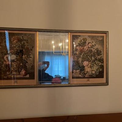 Trumeau mirror with 18th century French botanical engravings, 52”l x 26”h