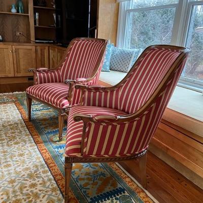 Pair of French style armchairs, covered in striped fabric, 37”h x 27”w x 20”d x 19”sh