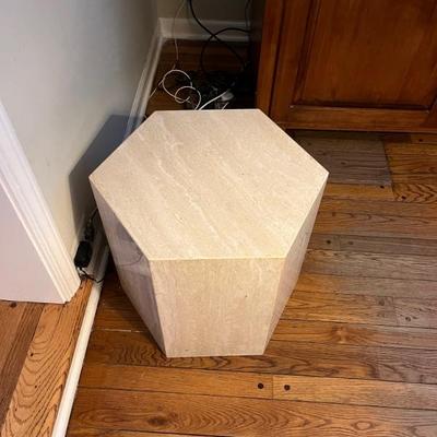 Marble pedestal, hexagonal, 18”w x 17”h—has a square piece of glass that could be used to make this a table