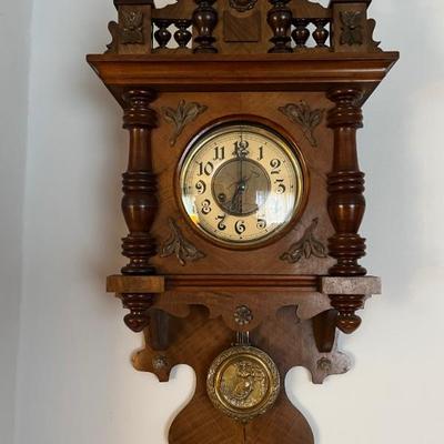 Antique wall clock, oak case, 32”h x 14”w