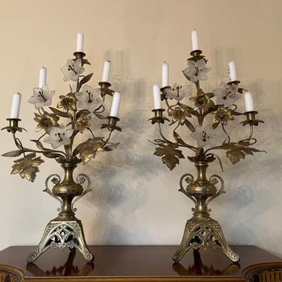 Pair of Baroque style bronze candelabra with Venetian glass flowers, 25.5”h x 14”w