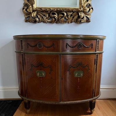 Adams style satinwood demi lune cabinet, buffet, 19th century, painted with cameo designs, 45”l x 21”d x 37”h
