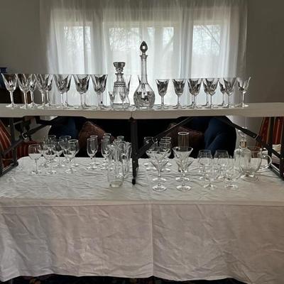 St Louis Crystal decanters, red wine glasses (11), white wine glasses (11), plus flutes and cordials