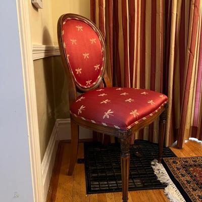 Regency style side chair with a round back, red and gold fabric, 38”h x 22”w x 20”d x 21”sh, 5 chairs total