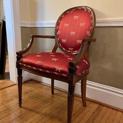Regency style armchair with a round back, red and gold fabric, 38”h x 24”w x 20”d x 21”sh