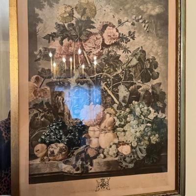 Trumeau mirror with 18th century French botanical engravings, 52”l x 26”h