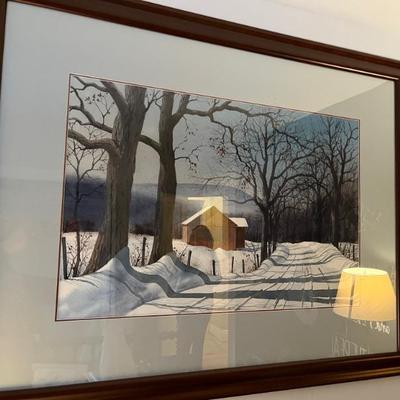 signed watercolor, winter country landscape