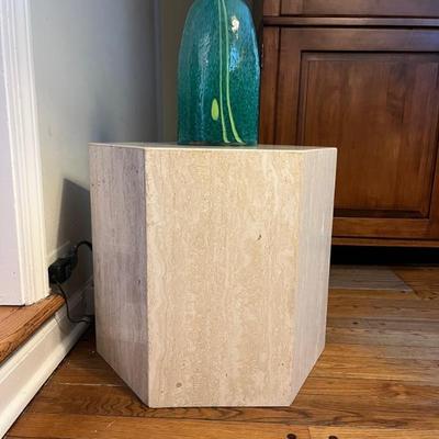Marble pedestal, hexagonal, 18”w x 17”h—has a square piece of glass that could be used to make this a table
