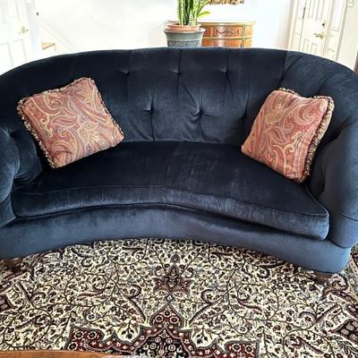 Drexel Heritage curved sofa with navy blue upholstery, 86”l x 40”d x 39”h x 24”sd x 20”sh