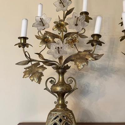 Pair of Baroque style bronze candelabra with Venetian glass flowers, 25.5”h x 14”w