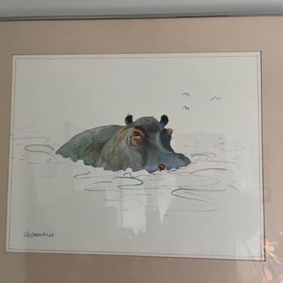 signed watercolor of a hippo