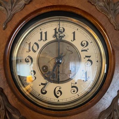Antique wall clock, oak case, 32”h x 14”w