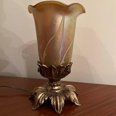 Antique lamp with Oriente & Flume shade, 7.5”h x 5”w