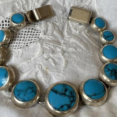 Sterling Silver & Turquoise Taxco Mexico Bracelet