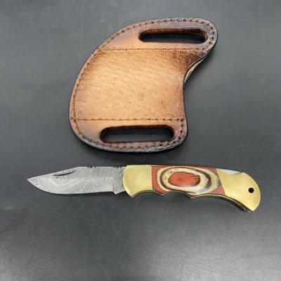 Damascus Pocket Knife with Leather Belt Sheath