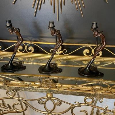 Vintage Art Deco Bronze Nymph Sculpture Candle Holders by MMA