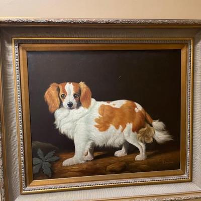 P. English oil painting on canvas "Red & White Spaniel" signed lower right corner and gilt framed