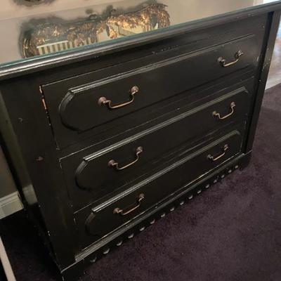 Gorgeous vintage 3 drawer black dresser with gold accents